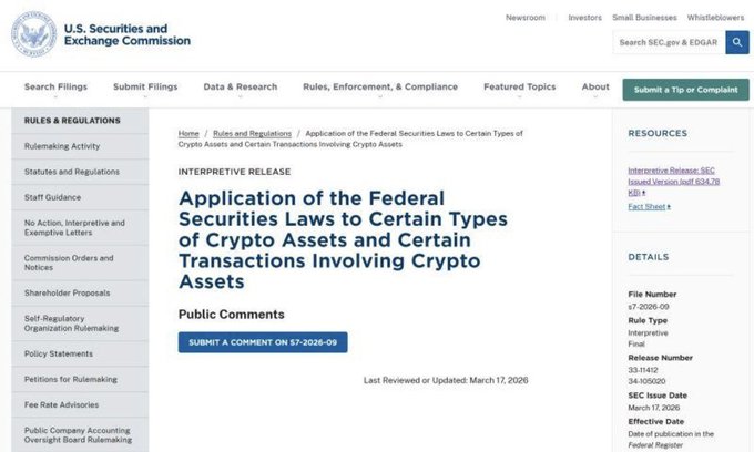 A screenshot of the U.S. Securities and Exchange Commission (SEC) website showing an Interpretive Release titled 'Application of the Federal Securities Laws to Certain Types of Crypto Assets and Certain Transactions Involving Crypto Assets.'
