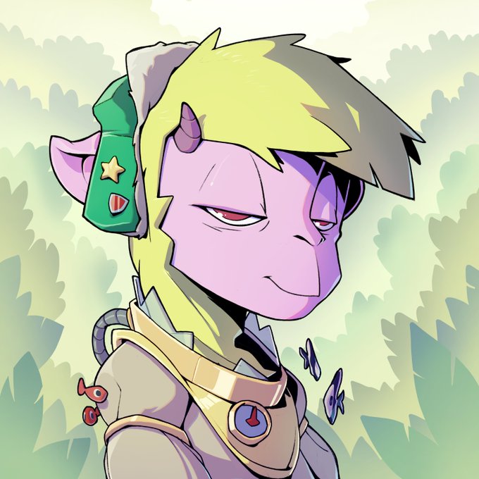 A cartoon illustration of a purple-skinned demon-like character with blonde hair, red eyes, and a small horn, wearing high-tech gear.