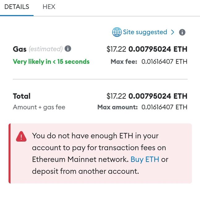 A MetaMask transaction confirmation screen showing a $17.22 (0.00795024 ETH) gas fee for sending 100 USDT on Ethereum Mainnet, with an error indicating insufficient ETH to cover transaction fees—a snapshot of the exorbitant gas prices during the April 2021 crypto bull run referenced in the post.