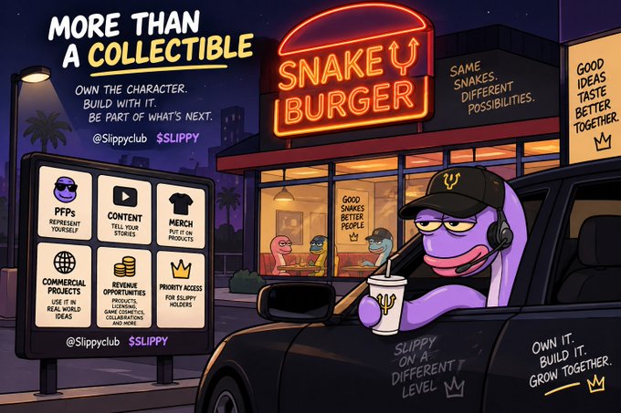 Cartoon-style promotional illustration for 'Snake Burger' featuring an anthropomorphic snake character, with text reading 'MORE THAN A COLLECTIBLE' and listing features like PFPs, content, merch, and commercial projects.