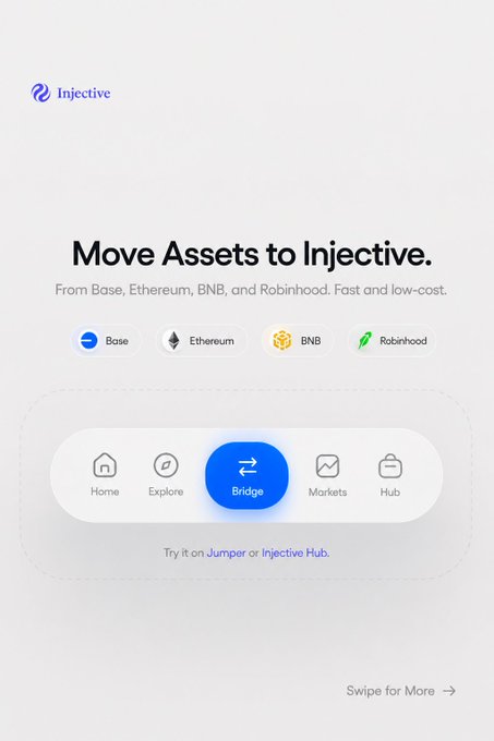 A mobile app interface for Injective displays "Move Assets to Injective. From Base, Ethereum, BNB, and Robinhood. Fast and low-cost." with a highlighted "Bridge" button among navigation icons for Home, Explore, Markets, and Hub.
