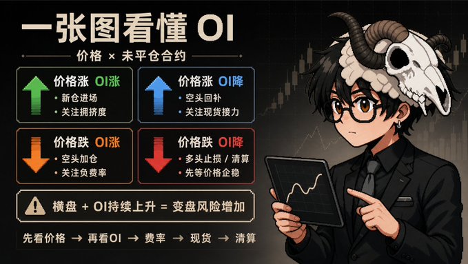 A Chinese-language infographic titled '一张图看懂 OI' (Understand OI in one picture) explaining the relationship between price and open interest, featuring an anime-style character with a ram skull mask holding a tablet.