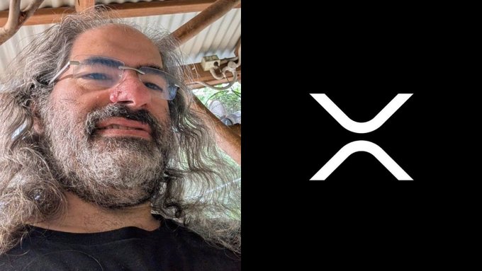 The image shows a man with long gray hair and beard wearing glasses on the left, alongside the XRP logo on the right, representing Ripple's Chief Technology Officer David Schwartz and his bullish prediction that XRP could surpass Bitcoin's $1.55 trillion market cap, potentially reaching around $25 per token.