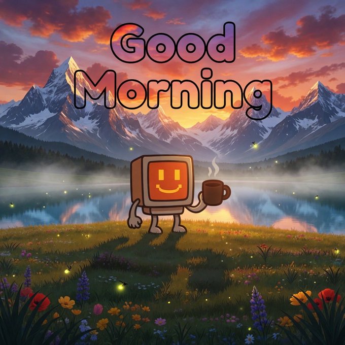 The image features a cartoon character standing in a field with mountains in the background. The character has a cup of coffee in its hand and is smiling. The text "Good Morning" is written above the character, indicating that it's morning time. The image also includes various flowers scattered throughout the scene, adding to the overall atmosphere.