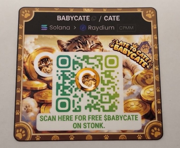 A promotional card featuring a sleeping kitten and gold coins with a green QR code, displaying the text 'BABYCATE / CATE', 'Solana', 'Raydium', 'CPMM', and 'SCAN HERE FOR FREE $BABYCATE ON STONK.'