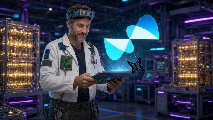 A man wearing AR/VR glasses and a lab coat holds a tablet in a futuristic data center, with a glowing blue molecular holographic display appearing above the device.