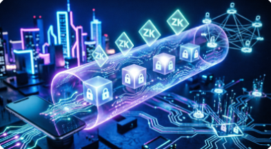 A stylized digital artwork depicting a glowing purple "ZK" tunnel with padlock icons and blockchain network nodes floating above a circuit board and cityscape.