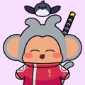 A cute cartoon character wearing a red kimono, a sword on its back, and a small black creature perched on its head against a pink background.