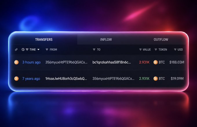 A digital dashboard interface with a neon glow effect displaying 'TRANSFERS', 'INFLOW', and 'OUTFLOW' tabs. It shows transaction details including '3 hours ago' and '7 years ago', with 2.931K BTC valued at $188.03M and $19.09M respectively.
