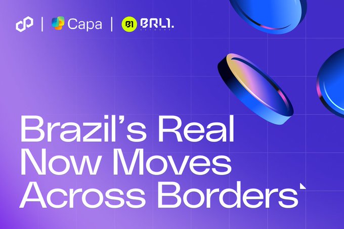 The image features a purple background with three blue coins floating above it. The text "Brazil's Real" is written below the coins, indicating that they are related to Brazil. Below this, there is a caption stating that the Brazilian real can now move across borders onchain without touching the dollar. This implies that the Brazilian real has gained international acceptance and can be used as a form of payment in various countries around the world, potentially replacing traditional currency systems.