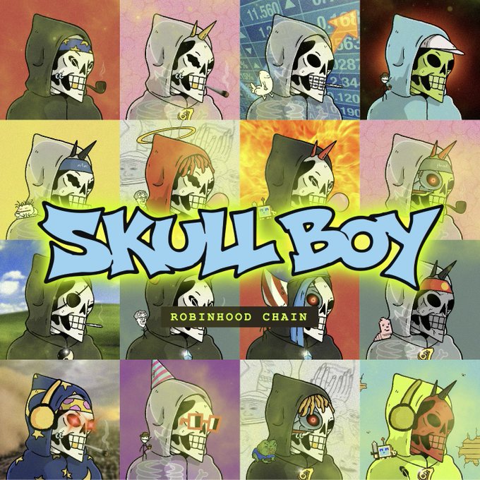 A collage of skeleton mascot characters in hoodies with various accessories and backgrounds is overlaid with the bold blue graffiti-style text "SKULL BOY" and a smaller label reading "ROBINHOOD CHAIN," promoting the open whitelist for the Skull Boy NFT collection on the Robinhood blockchain.