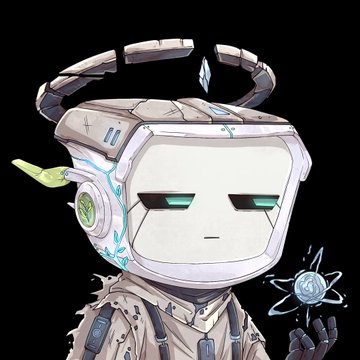 A cartoon-style illustration of a robotic character with a halo, green glowing eyes, and a futuristic outfit, holding what appears to be an atom symbol.