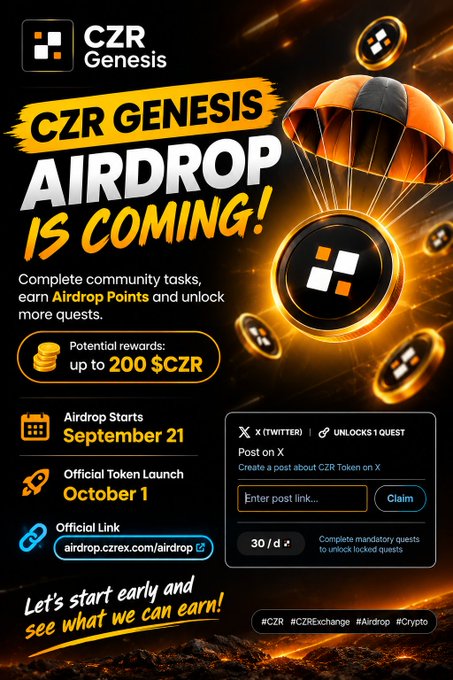 A vertical promotional graphic announcing the 'CZR Genesis Airdrop' with airdrop points rewarding up to 200 $CZR, an airdrop start date of September 21, and an official token launch on October 1.