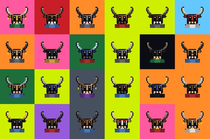 A grid of pixelated bull-horned character avatars displayed on various bright background colors, matching the promotional post announcing "THE HERD IS COMING," a 10,000 supply NFT mint on Robinhood Chain with 15x whitelist spots available.