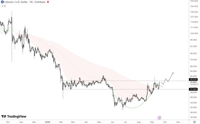 A TradingView candlestick chart showing Litecoin / U.S. Dollar on Coinbase, displaying a downtrend from around $135 to roughly $56, with an upward projection arrow.