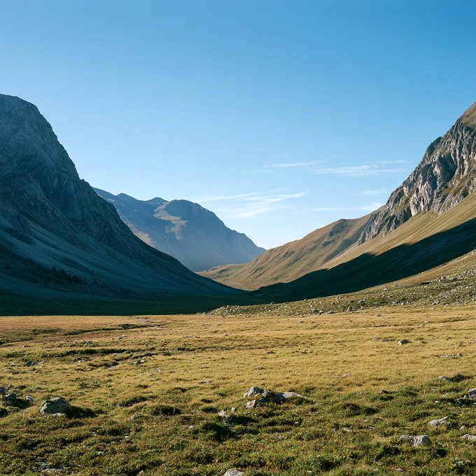 A scenic mountain valley with green grassy slopes leading up to rocky peaks under a clear blue sky.