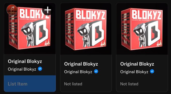Three listing cards for 'Original Blokyz' digital collectibles, with the first one marked 'List Item' and the other two marked 'Not listed'.