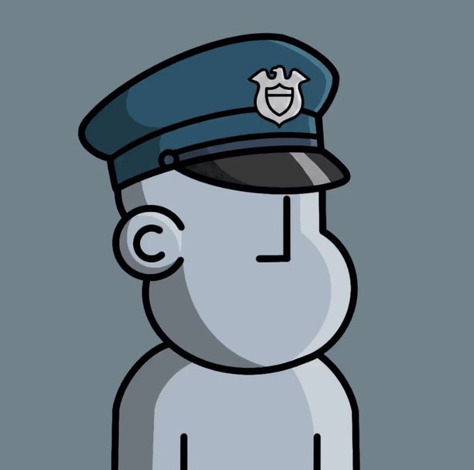 A minimalist cartoon illustration of a faceless pale figure wearing a blue police-style cap with a badge, set against a gray-blue background.