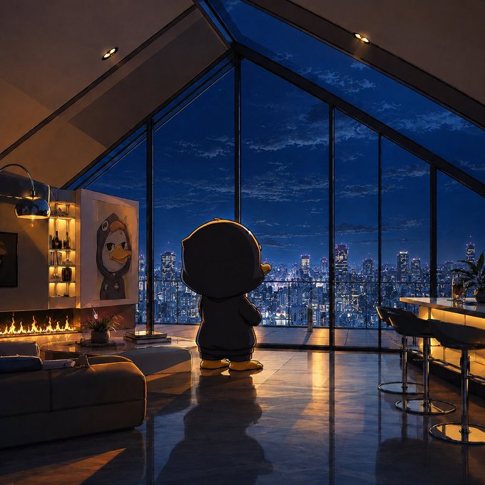 A cartoon penguin character stands by a massive floor-to-ceiling window at night, gazing out over a glowing city skyline from a luxurious modern penthouse with a fireplace and bar.

The image captures the post's reflective, winding-down mood—the penguin silhouetted against the quiet cityscape mirrors the author stepping back from chart-watching to pause and reflect on what's truly important beyond the market's sideways movement.