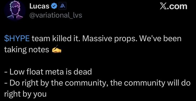 The image shows a post on social media with a caption that reads "Luxas #VariationalLvs team killed it. Massive props. We've been taking notes. Low float meta is dead. Do right by the community, the community will do right by you". The post is about a variation of the popular game, Hyper Liquid, and its creator, Lucas.