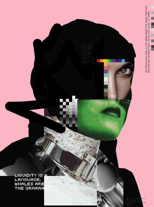 A collage-style digital art piece on a pink background showing fragmented images of a person, a face with green lighting, and text reading 'LIQUIDITY IS A LANGUAGE, WHALES ARE THE GRAMMAR'.
