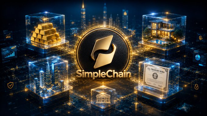 The image features a logo with the word "Simplechain" written in gold letters, surrounded by six cubes of varying sizes, each containing different objects such as buildings, coins, and other city elements. The text "SIMPLECHAIN X-SHARE CREATIVE CONTEST" is also present on the image.