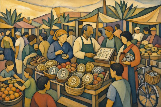 A painting in a post-impressionist style depicting a bustling marketplace scene with vendors, fruits, baskets of gold Bitcoin coins, and a bicycle on the right side.
