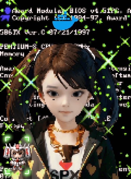 An anime-style illustration of a young woman with brown hair and a gold necklace overlaid with green 'X' digital glitch effects, a blue Discord logo, and retro copyright text referencing 1994–97, with a chibi character icon at the bottom left.