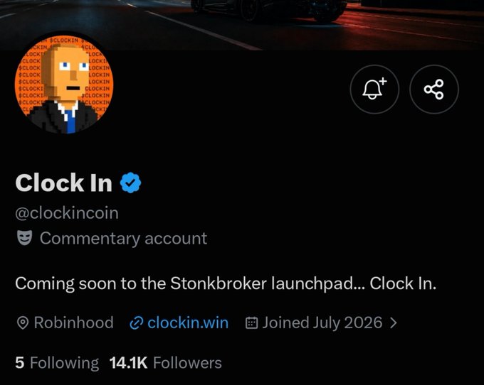 The image shows a verified X (Twitter) profile for "Clock In" (@clockincoin), a commentary account with 14.1K followers announcing it will launch on the Stonkbroker launchpad. This relates to the post offering free Telegram group invites for Clock In, with the profile confirming it as a verified project to support the distribution offer.