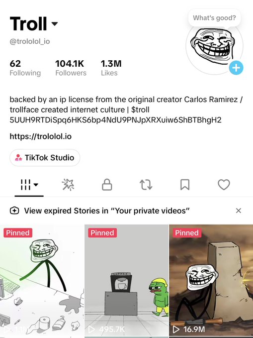 A TikTok profile for "Troll" (@trololol_io) shows the iconic trollface meme with 104.1K followers and 1.3M likes, featuring the contract address "5UUH9RTDiSpq6HKS6bp4NdU9PNJpXRXuiw6ShBTBgh2" in the bio alongside a link to trololol.io. The image supports the post's claim about the trollface account adding the $troll contract address to their bio, likely as part of a memecoin promotion tied to the popular meme.