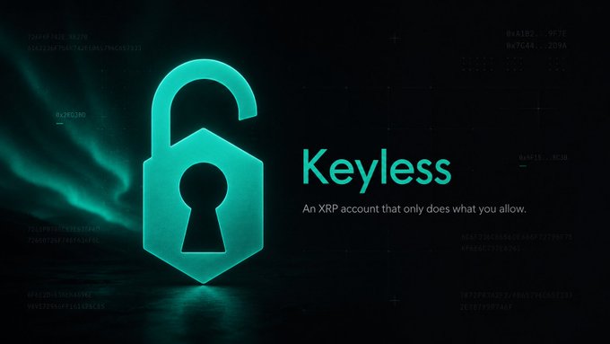 A dark tech-themed promotional graphic for 'Keyless' featuring an unlocked padlock icon in glowing teal, with the tagline 'An XRP account that only does what you allow'.