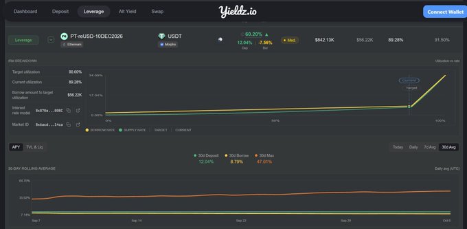 Yieldz.io dashboard showing a leveraged position PT-eUSDC-10DEC2026 on Ethereum with USDT, displaying a +60.20% yield, utilization rate of 89.28%, and target utilization of 90.00%.