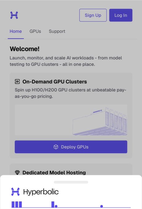 A webpage for 'Hyperbolic' featuring navigation links 'Home', 'GPUs', and 'Support', buttons for 'Sign Up' and 'Log In', with a section titled 'On-Demand GPU Clusters' offering 'H100/H200 GPU clusters' and a 'Deploy GPUs' button.