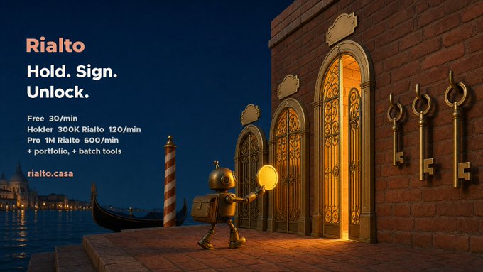 An advertisement for 'Rialto' with the tagline 'Hold. Sign. Unlock.' showing a small robot holding a glowing orb by Venetian-style doors, listing pricing tiers (Free 30/min, Holder 300K Rialto 120/min, Pro 1M Rialto 600/min) and the URL rialto.casa.