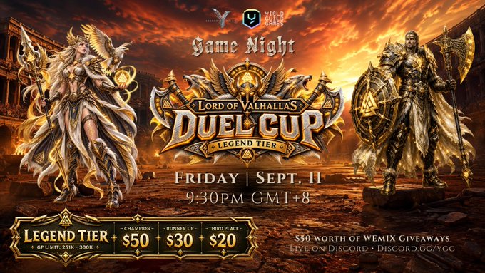 Promotional graphic for a "Game Night" tournament featuring "Lord of Valhalla's Duel Cup Legend Tier" on Friday, September 11 at 9:30PM GMT+8, with prize money of $50 for champion, $30 for runner-up, and $20 for third place.