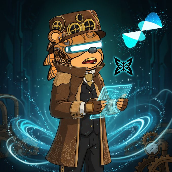 A steampunk-style cartoon bear wearing a top hat, VR goggles, and a brown coat, holding a holographic digital tablet with abstract logos floating in the background.