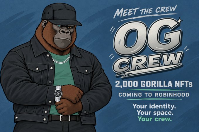 A promotional graphic for 'OG CREW' features an illustrated gorilla wearing a black cap, denim jacket, and green shirt, with text reading 'MEET THE CREW', '2,000 GORILLA NFTs COMING TO ROBINHOOD', and 'Your identity. Your space. Your crew.'
