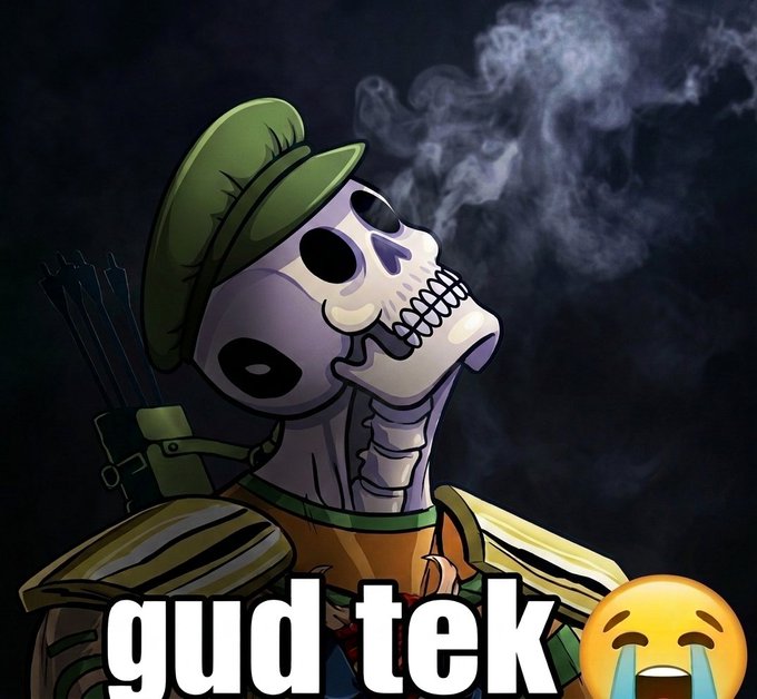 A cartoon skeleton wearing a green military cap smokes a cigarette against a dark, smoky background, with the caption "gud tek" and a crying-laughing emoji overlaid at the bottom—humorously capturing the frustration of an NFT seller whose listing's floor price surged without their item selling, mocking OpenSea's ("opensea") platform technology.