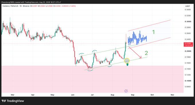 A TradingView chart of Cardano/Tether (ADA/USDT) showing an ascending channel pattern with price action and analytical arrows indicating possible upward and downward movements.