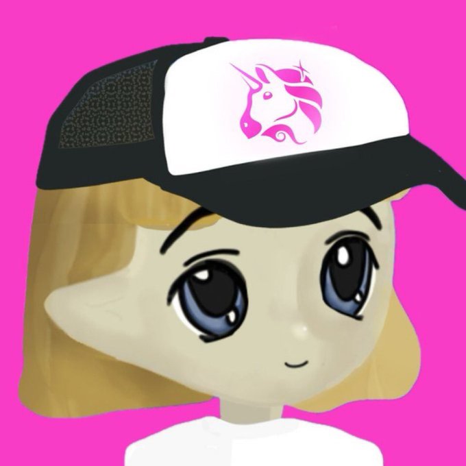 A cute anime-style avatar with blonde hair and large blue eyes wears a black and white trucker cap featuring a pink unicorn logo, set against a vibrant pink background. The unicorn branding aligns with the post's reference to Uniswap, suggesting the image represents a team member or community manager inviting feedback on the Uniswap app.