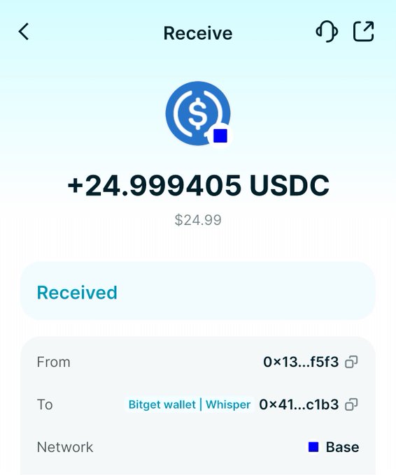 A screenshot of a Bitget Wallet transaction confirming the receipt of +24.999405 USDC ($24.99) on the Base network, from address 0x13...f5f3 to the user's Bitget Wallet address 0x41...c1b3, visually supporting the post's claim of winning $25 from the Bitget Wallet celebration event.