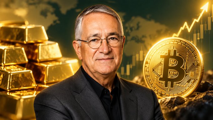 A portrait of an older, bespectacled man in a suit, set against a background filled with gold bars, a large Bitcoin coin, and an upward-trending financial chart.
