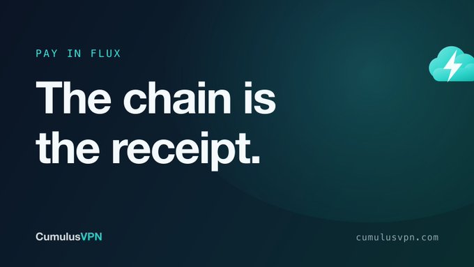 A dark blue promotional banner for CumulusVPN with the tagline 'PAY IN FLUX' and main text 'The chain is the receipt.' alongside the website cumulusvpn.com.