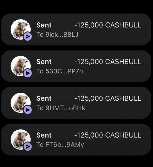 The image shows a transaction history displaying four separate "Sent" transactions of -125,000 CASHBULL each, sent to different Solana wallet addresses (9ick...B8LJ, 533C...PP7h, 9HMT...oBHk, and FT6b...9AMy). This serves as visual proof of the CASHBULL token airdrop being distributed, corroborating the post's claim that recipients are receiving 125,000 $CASHBULL tokens per wallet as part of the 555-wallet giveaway event.