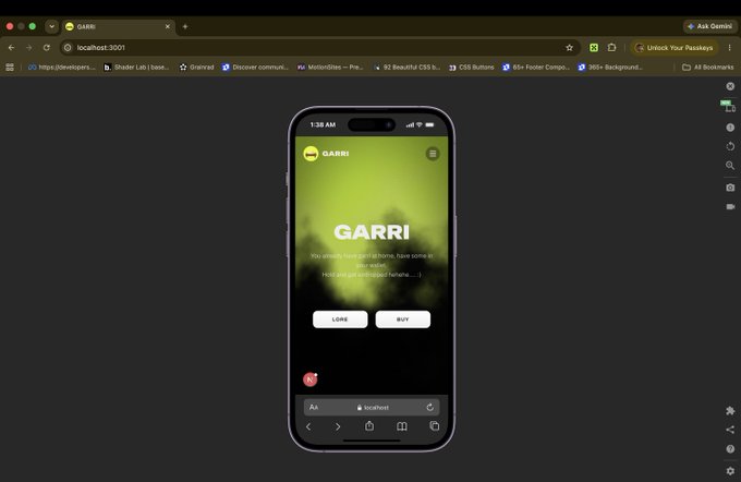 A screenshot of a mobile website preview for $GARRI token, displayed on localhost:3001, featuring a dark green background with the tagline "You would have sold at home, now some in trench? Hehehe..." alongside "LEARN" and "BUY" buttons, matching the simple promotional site built for the token.
