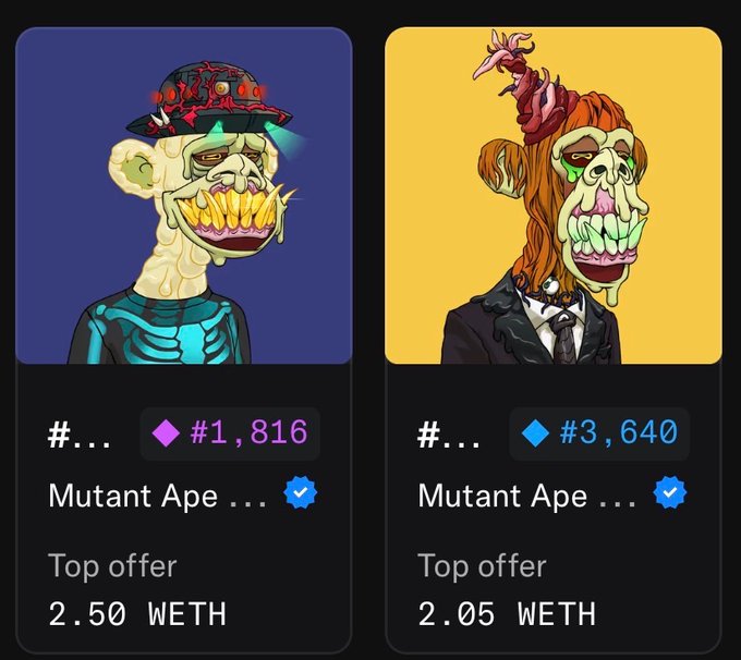 Two Mutant Ape Yacht Club NFTs displayed for sale, with #1,816 priced at 2.50 WETH and #3,640 priced at 2.05 WETH, each featuring verified blue checkmarks.