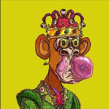 A vibrant pop-art style illustration of a monkey king wearing a jeweled crown, royal robes, and Bitcoin-symbol earrings, blowing a large pink bubblegum bubble against a bright yellow background.