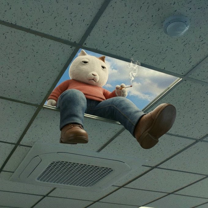 A stuffed cat character wearing a red sweater, jeans, and brown boots dangles through a hole in an office ceiling tile, casually smoking a cigarette with blue sky visible behind it. The image humorously visualizes the post's phrase "The coins have no ceiling" by literally showing a character breaking through the ceiling, symbolizing unlimited upside potential.
