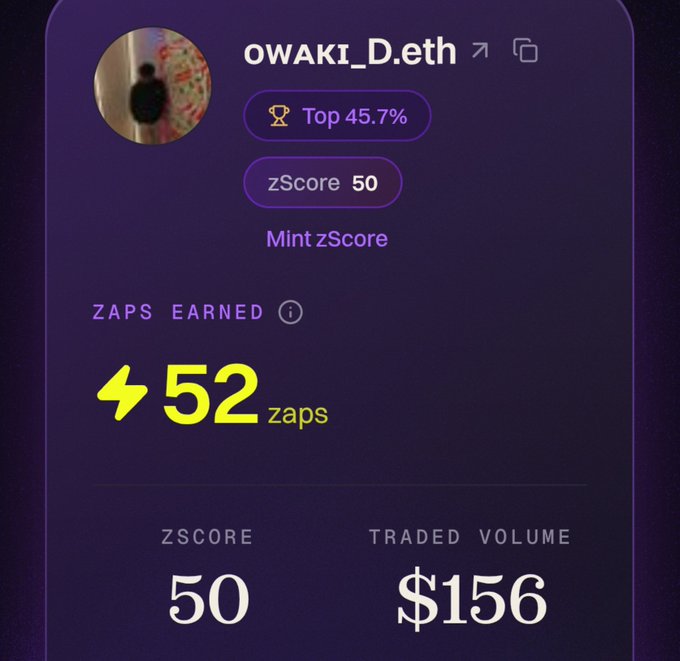 A profile card for owaki_D.eth showing 'Top 45.7%', a zScore of 50, 52 zaps earned, and a traded volume of $156.