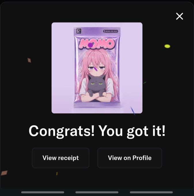 A digital gacha-style screen displays a 'MOMO' anime sticker collectible with the message 'Congrats! You got it!' and buttons to 'View receipt' and 'View on Profile'.